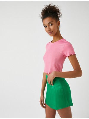 Koton Crop Tişört Bisiklet Yaka Kısa Kollu Ribana