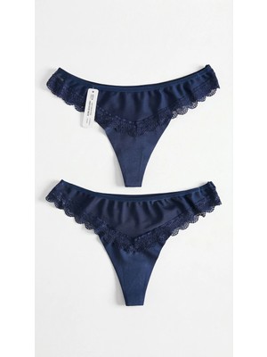 Zi 2 Adet 1 Paket Lacivert Tül Dantel Detaylı Kadın Tanga Külot