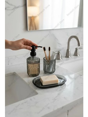 Mien Siyah Çizgili Cam Banyo Seti & Sıvı Sabunluk, Diş Fırçalık ve Sabunluk Şık & Modern Tezgâh Üstü Set