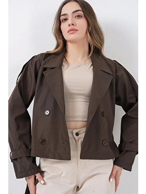 Bigdart Kadın Kemerli Kısa Trençkot 5970 A.kahve Kruvaze Yaka Dokuma Kumaş Regular Fit
