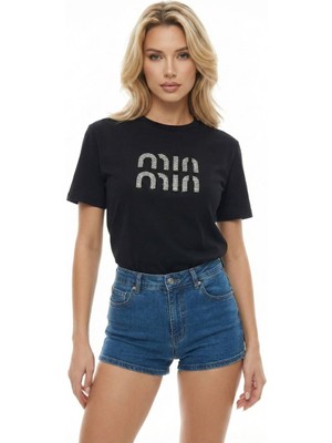 Cemo Kadın Taş Baskılı Basic Siyah Tişört