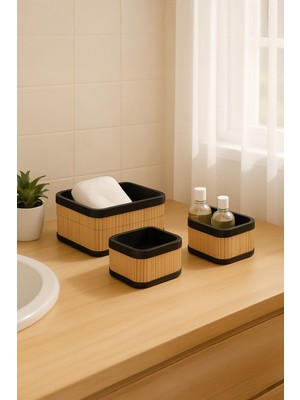 Bambuland Bambu 3’lü Hasır Sepet Seti - Doğal/siyah