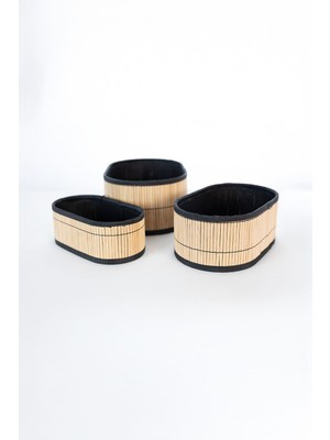 Bambuland 3'lü Oval Hasır Sepet Seti – Siyah Biyeli Dekoratif Organizer