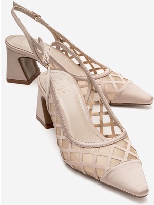 Luvi Alveron Bej Saten File Detaylı Kadın Blok Topuklu Ayakkabı