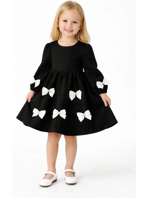 Zepkids Bisiklet Yaka Incili Fiyonklu Siyah Renk Kız Çocuk Elbise