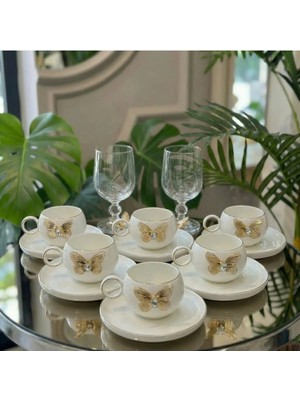 Elta Collection Kelebek Detaylı 6’lı Türk Kahvesi Fincan Takımı – Gold Porselen Set Şık Çeyiz & Misafir Sunumluk