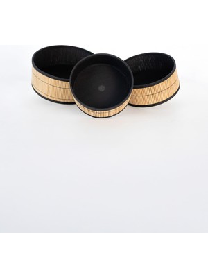 Bambuland 3'lü Dekoratif Hasır Sepet Seti – Siyah Şeritli Yuvarlak