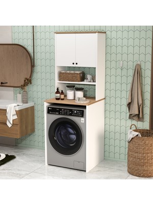 Yurudesign Nord Çamaşır Makinesi Dolabı 2 Kapaklı Raflı Sepet-Beyaz ND11-SW