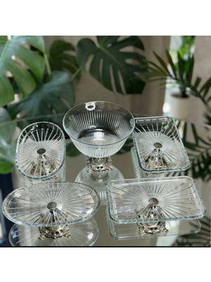 Elta Collection Vintage 5 Parça Gümüş Kristal Sunum Seti - Kase, Ayaklı Tabak ve Kulplu Tepsi