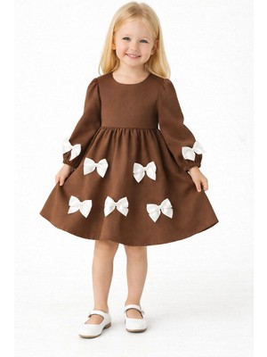 Zepkids Bisiklet Yaka Incili Fiyonklu Kahve Rengi Kız Çocuk Elbise