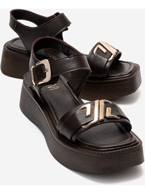 Luvi Lone Kahverengi Hakiki Deri Tokalı Kadın Kalın Tabanlı Sandalet