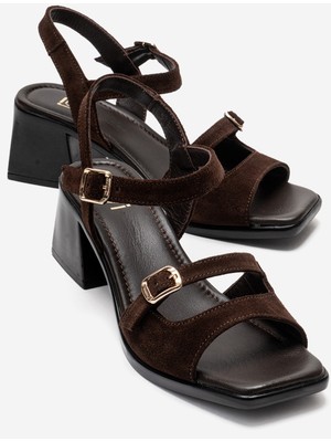 Luvi Yolen Kahverengi Süet Hakiki Deri Kadın Kalın Topuklu Sandalet