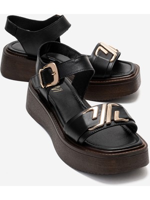 Luvi Lone Siyah Hakiki Deri Tokalı Kadın Kalın Tabanlı Sandalet