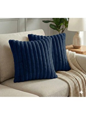 2'li Fitilli Peluş Kırlent Kılıfı 45*45 Lacivert Renk Yumuşak Kadife Yastık Çift Taraflı