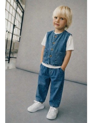 Connemara Erkek Çocuk Kot Yelek Pantolon Takım Düğmeli Denim 2'li Takım Kombin