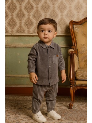 Gmg Collection Baby Çizgili Yumuşak Kot Gömlek Takım 9 Ay,12 Ay,18 Ay,2y Erkek Füme Renk