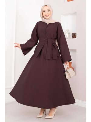 Md Asimetrik Gold Düğmeli Kemerli Etek & Ceket Takım Mürdüm