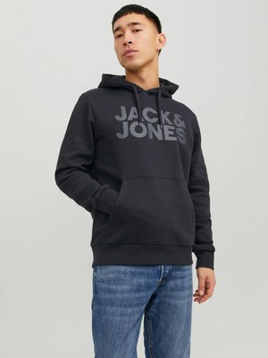 Jack & Jones Hood Corp Logo Erkek Siyah Kapüşonlu Sweatshirt