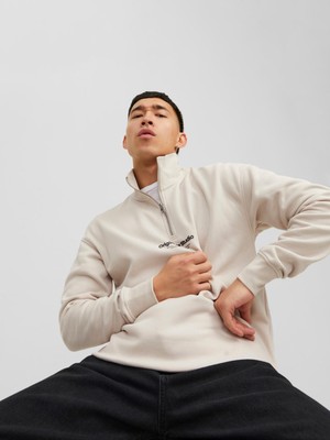Jack & Jones Jorvesterbro Sweat Quarter Zıp Hn Sn Erkek Bej Sweatshirt 12241777-Moonb