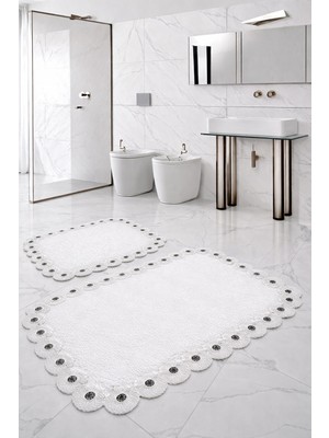 Teksev Gülruba Köşeli Beyaz Çeyizlik Dantelli 2'li Banyo Paspası Seti Kaymaz Tabanlı Klozet Takımı