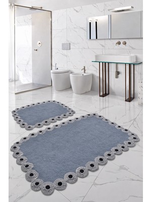 Teksev Gülruba Köşeli Koyu Gri Çeyizlik Dantelli 2'li Banyo Paspası Seti Kaymaz Tabanlı Klozet Takımı