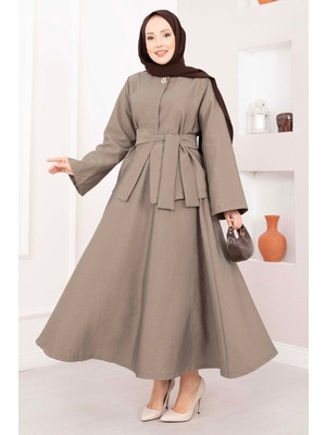 Md Asimetrik Gold Düğmeli Kemerli Etek & Ceket Takım Vizon