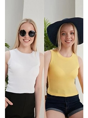 Catspy Kadın Sarı Beyaz Halter Yaka 2'li Crop Bluz