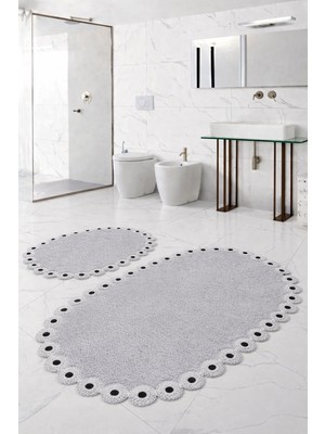Teksev Gülruba Oval Beyaz Çeyizlik Dantelli 2'li Banyo Paspası Seti Kaymaz Tabanlı Klozet Takımı