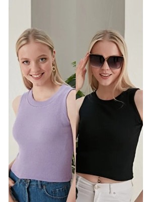 Catspy Kadın Lila Siyah Halter Yaka 2'li Crop Bluz