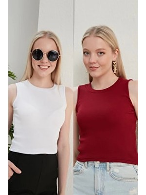 Catspy Kadın Bordo Beyaz Halter Yaka 2'li Crop Bluz
