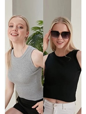 Catspy Kadın Slim Fit 2'li Crop Bluz Gri Siyah Halter Yaka Likra Kolsuz Tasarım
