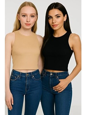 Catspy Kadın Halter Yaka 2'li Crop Bluz Likra Kumaş Slim Fit Tasarım Kolsuz