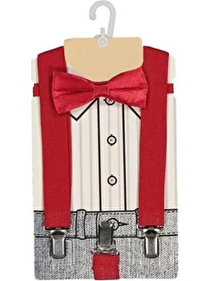 Bejamonti Erkek Bebek Çocuk Kırmızı Pantolon Askısı + Papyon Takımı Dokuma Malzeme ile Şık Tasarım