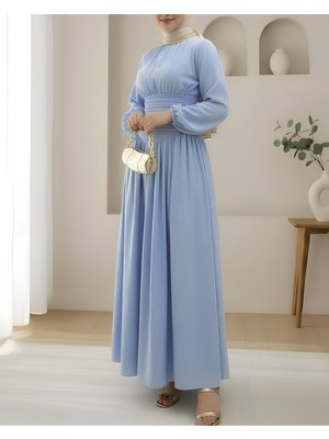 Modamorfo Önü Büzgülü Kolu Lastikli Fermuarlı Poplin Elbise -Açık Mavi