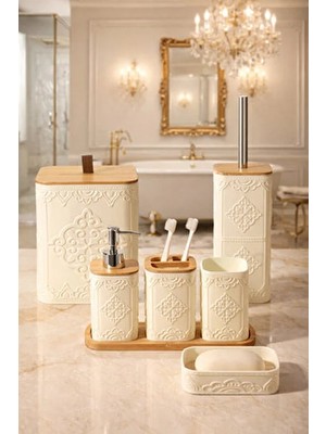 Makri Home Desenli 7 Parça Bambu Kapaklı ve Aksesuarlı Banyo Seti