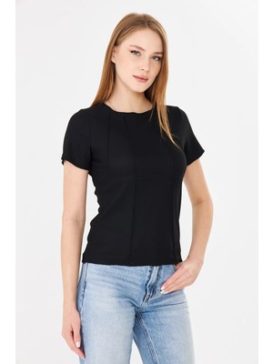 Sortie Collection Kadın Korset Görünümlü Dikiş Detaylı Fitilli Tshirt Siyah