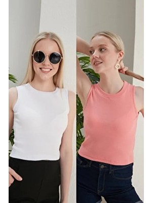 Catspy Kadın Beyaz Pudra Halter Yaka 2'li Crop Bluz