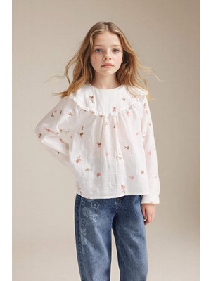 DeFacto Çiçek İşlemeli Müslin Bluz Kız Çocuk G7746A826SP