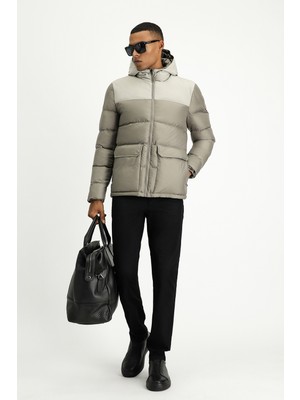 Kiğılı Slim Fit Kapüşonlu Spor Şişme Mont Orta Vizon Renkli Erkek Günlük Kullanım İçin Cepli