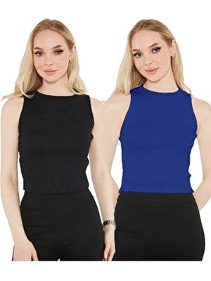 Catspy Kadın Saks Mavisi Siyah Halter Yaka 2'li Crop Bluz