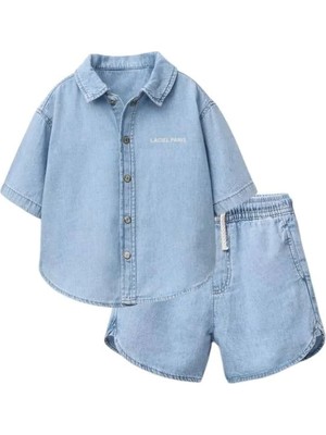 Connemara Erkek Çocuk Açık Mavi Denim Alt Üst Takım — Kısa Kollu Gömlek & Şort Set, Lastikli Bel, Günlük Yazlık Kombin