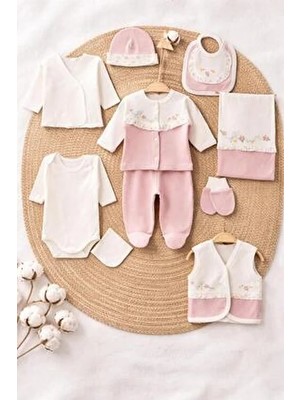 Bys Baby Fashion Flower Çiçek Nakışlı %100 Pamuk Yenidoğan Kız Bebek 10 Parça Hastane Çıkışı Zıbın Seti (KUTULU)0-3AY