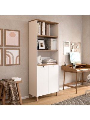 Yurudesign Nord Kitaplık Raf Ahşap Ayaklı 180CM Kapaklı Sepet-Beyaz ND13-SW