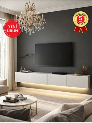 Dorpek Homeros Led'li Tv Sehpa & Ünitesi, Duvara Monte Tv Ünitesi Beyaz 240 cm