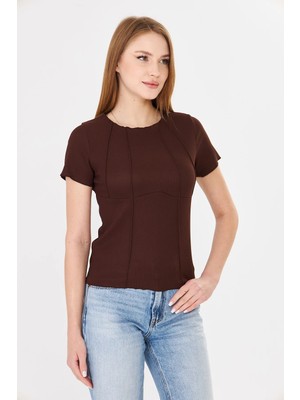 Sortie Collection Kadın Korset Görünümlü Dikiş Detaylı Fitilli Tshirt Kahverengi
