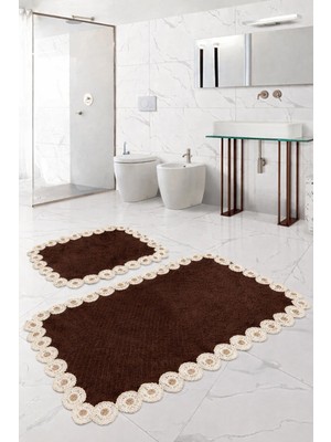 Teksev Gülruba Köşeli Kahverengi Çeyizlik Dantelli 2'li Banyo Paspası Seti Kaymaz Tabanlı Klozet Takımı