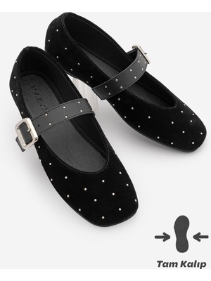 Marjin Kadın Küt Burun Tokalı Zımbalı Babet Velona Siyah Süet