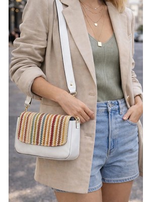Saria Moda Renkli Hasır Detaylı Siyah Omuz Çantası