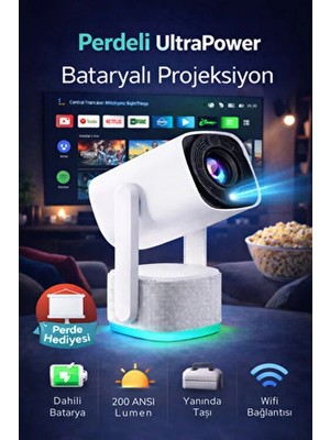 Omaze Powerbank Bataryalı Perdeli Taşınabilir Android Projeksiyon Cihazı Ultra Hd Ev Sinema Projektörü