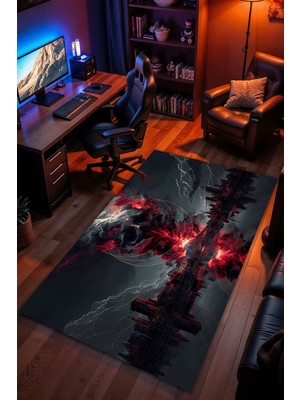 Charmbi Lanetli Şehir Desenli Halı – Kaymaz Taban Kadife Dokulu Makinede Yıkanabilir Gamer Genç Odası Halısı